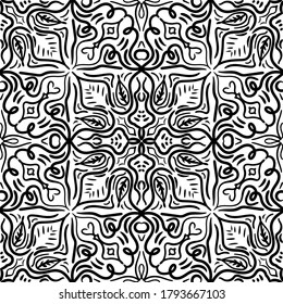 Seamless abstract pattern. Black and white colors. Hand drawn vector background. Trendy monochrome seamless mandala, fabric texture, wrapping.
