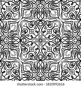 Seamless abstract pattern. Black and white colors. Hand drawn vector background. Trendy monochrome seamless mandala, fabric texture, wrapping.