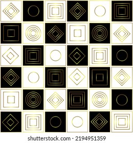 Patrón abstracto sin fisuras con baldosas negras y blancas con línea dorada y elementos para tela, impresiones textiles, cubiertas para regalos, etc.
