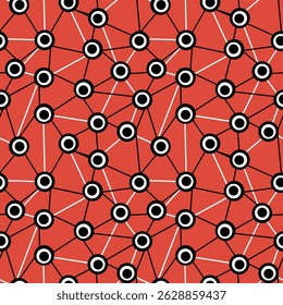 Seamless abstract pattern of black and white dots connected by white and black lines on a red background, vector
