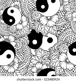 Seamless abstract pattern with black and white beautiful boho elements with lace flowers leaves and Yin Yang symbol