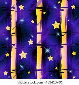 Seamless, abstract pattern with black and yellow stripes on a blue, shiny background with stars. Vector. 