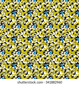Seamless abstract pattern with blue, black and yellow elements on white background