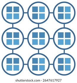 Um padrão abstrato sem costura de grades quadriculadas azuis dentro de círculos interconectados. Ideal para projetos de design de tecnologia, dados e conectividade.