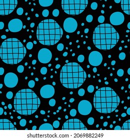 Seamless abstract pattern. Blue circles and dots on a black background. Elegant print for your design. Flat design. Vector illustration.