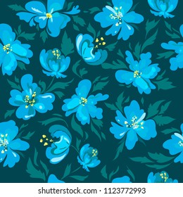 Seamless abstract pattern with blue floral elements. Image of exotic tropical flowers on a black background. Imitation of the painting by watercolor. Summer motives. Vector illustration.