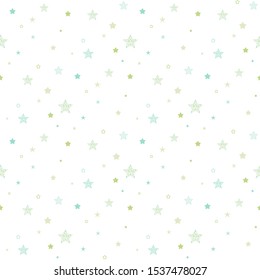 Seamless abstract pattern with blue and green stars on  white background. Magic holiday vector ornament. Christmas texture for paper, wrapping and fabric.