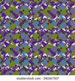 Seamless abstract pattern with blue, green and white elements on lilac background