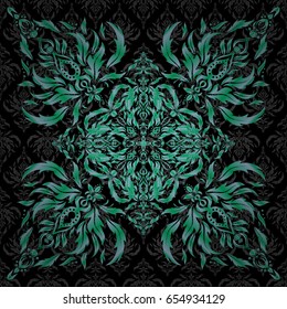 Seamless abstract pattern with blue and green repeating elements on black backdrop. Oriental vector classic pattern.