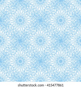 Seamless abstract pattern with blue guilloche ornament on white (transparent) background. Vector illustration eps
