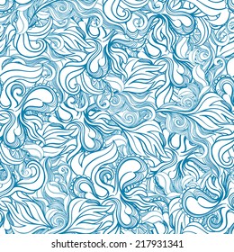 seamless abstract pattern with blue leaves on a beige background