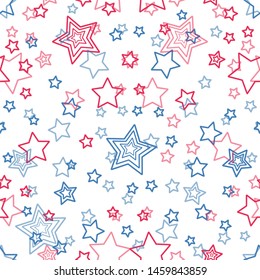 Seamless abstract pattern with blue red stars on white background. Vector template for holiday, greeting card, fabric, clothes, web template, cover, label, banner, poster. Vector graphics.