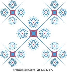 Seamless abstract pattern with blue and red circular shapes, perfect for textile, wallpaper, and backgrounds.