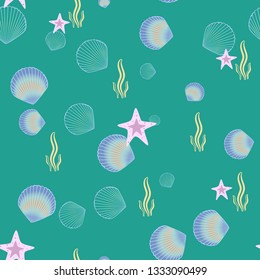 Seamless abstract pattern of blue seashells and beige seaweed, pink stars on a green background. Great for decorating fabrics, textiles, gift wrapping design, any printed materials and advertising.