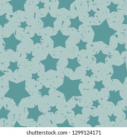 Seamless abstract pattern with blue stars of different rotation and size. Grunge star turquoise background. Vector illustration. Cosmos texture with particles of debris