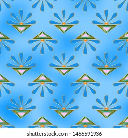 Seamless abstract pattern of blue suns and color triangles, golden outline, on a spotted blue sky background. Great for decorating fabrics, textiles, gift wrapping, printed materials, advertising.