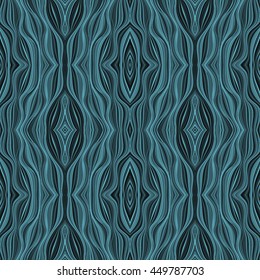 Seamless abstract pattern in blue tones. Regular twisted background in oriental style.  Ornament with folk motifs. Motley abstract vector texture