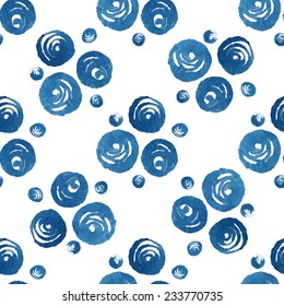 Seamless abstract pattern, blue watercolor circles, ink. 