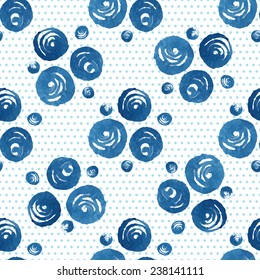 Seamless abstract pattern, blue watercolor circles, ink.