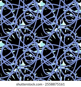 seamless abstract pattern of blue, white, black twisted lines on a light background, vector