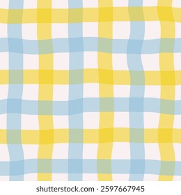 Seamless abstract pattern of blue and yellow curved checkered stripes on light background, watercolor effect, simple hand drawn illustration, flat style