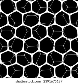 A seamless abstract pattern in bold black and white featuring a honeycomb motif on a black with a mesh-like design
