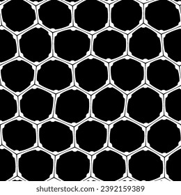 A seamless abstract pattern in bold black and white featuring a honeycomb motif on a black background with a mesh-like design