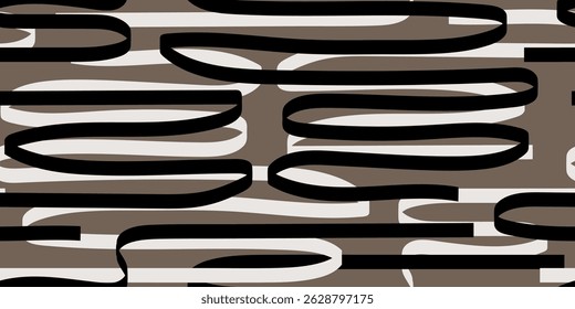 Seamless abstract pattern with bold black and white shapes and stylish graphic elements. Ideal for creative backgrounds, minimalist illustrations, or modern decor. Versatile vector art design.