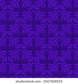 Seamless abstract pattern with bold purple tones and symmetrical curved shapes. Perfect for textiles, wallpapers, and modern design projects.