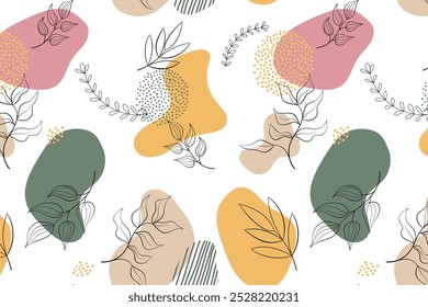 Seamless abstract pattern with botanical illustration and abstract colorful stains. Vector, nice illustration for wallpaper, textile, decoration, print.