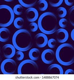 Seamless abstract pattern. Bright blue half rings of different sizes are located on a dark background. Vector illustration.