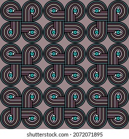 Seamless abstract pattern with bright blue eyes. Vector mystical black ornament on a soft pink background in trendy colors. Modern graphic pattern.