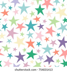 Seamless abstract pattern with bright colorful hand drawn shabby stars of different size on white background. Vector fireworks illustration. Cosmos texture for paper, wrapping and fabric.