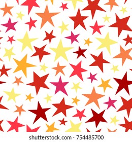 Seamless abstract pattern with bright colorful hand drawn shabby stars of different size on white background. Vector fireworks illustration. Holiday red and gold texture for paper, wrapping and fabric