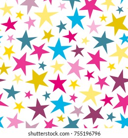 Seamless abstract pattern with bright colorful hand drawn shabby stars of different size on white background. Vector fireworks illustration. Cosmos texture for paper, wrapping and fabric.