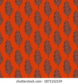 Patrón abstracto sin foco con formas de hojas otoñales marrones. Fondo rojo brillante. Ilustración vectorial para impresiones textiles estacionales, tela, carteles, telas de fondo y papel pintado.