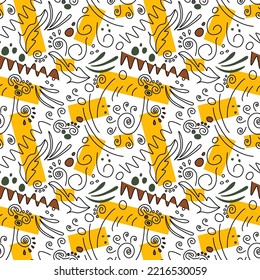 Seamless abstract  pattern in brown, yellow, green, black, white colors. Hand drawn doodle vector illustration. Geometric elements. Design for textile fabrics, wrapping paper, wallpaper, cover.