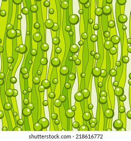 Seamless abstract pattern with bubbles and waves in green color.