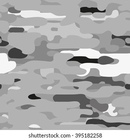 Seamless abstract pattern. Camouflage style. Gray, white, black elements. For textile, paper print, website background and fabric design. EPS10.