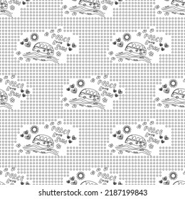 Patrón abstracto sin inconvenientes con autos, caminos, corazones, estrellas, soles, flores, puntos. Blanco, negro. Vector. Fondo groovy. Diseños para tejidos textiles, papel de envoltura, fondo, papel pintado, cubierta.