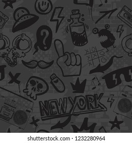 Seamless abstract pattern with cartoon elements, monster, glass, hand, arrows, and other elements. Background for wrapping paper, textile, fabric, web, clothes and others.