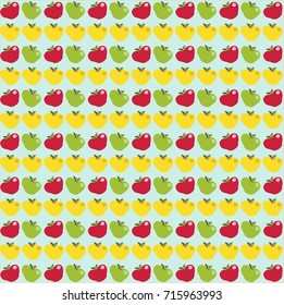 Seamless abstract pattern with cartoon red, yellow and green apples on  light blue turquoise  background. Vector illustration, banner, poster, template, wrapping paper, fabric print for textile design