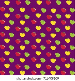 Seamless abstract pattern with cartoon red, yellow and green apples on violet or purple background. Flat vector illustration, banner, poster, template, wrapping paper, fabric print for textile design.