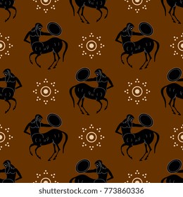 Seamless abstract pattern with centaurs. Greek mythology. Based on ancient vase painting.