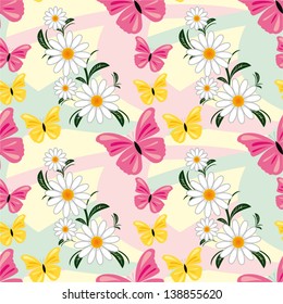 Seamless abstract pattern with Chamomiles and Butterflies