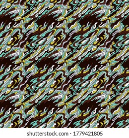 Seamless abstract pattern with chaotic colorful wavy shapes in muted color on the pale light background, hand drawing vector