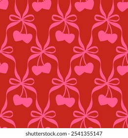 Seamless abstract pattern with cherries and coquette bows on red background. Heart-shaped cherries with ribbons. Vector illustration for wrapping paper, packaging, fabric, phone case etc. 