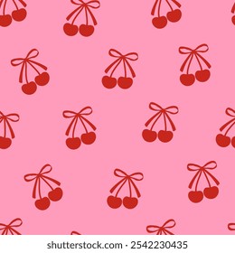 Seamless abstract pattern with cherries and coquette bows. Editable vector illustration for wrapping paper, packaging, fabric, room decor, phone case etc. 