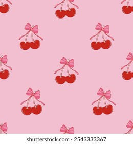 Seamless abstract pattern with cherries and coquette bows. Editable vector illustration for wrapping paper, packaging, fabric, room decor, phone case etc. 