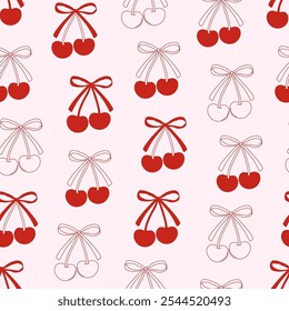 Seamless abstract pattern with cherries and coquette bows. Editable vector illustration for wrapping paper, packaging, fabric, room decor, phone case etc. 